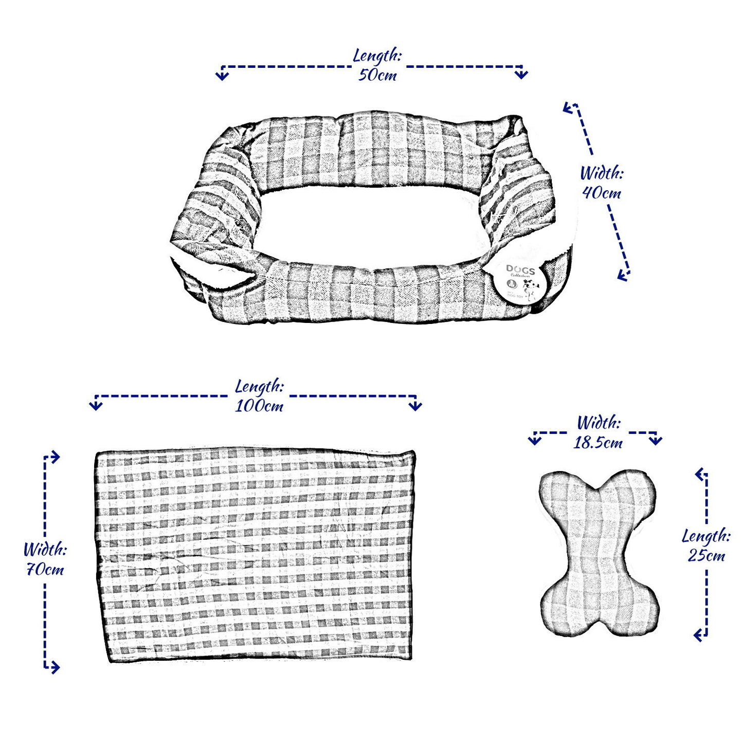 Dog Bed: Checked Style Dog/Puppy Bed, Soft Warm Cushion (L50 x W40 cm) with Blanket (L100 x W70 cm) and Toy (L25 x W18.5 cm) Size Medium