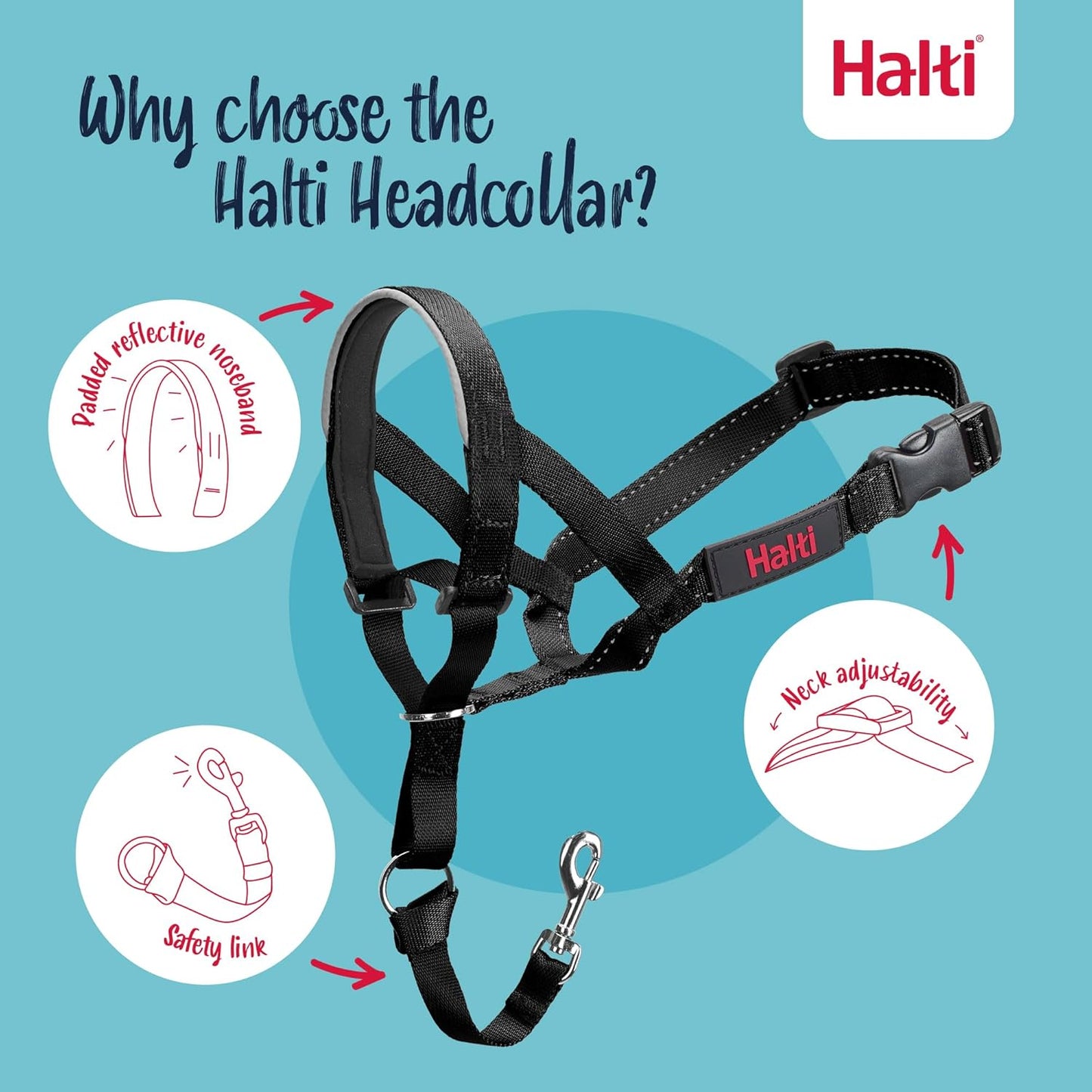 Headcollar - Stop Your Dog Pulling on the Lead. Adjustable, Reflective and Lightweight, with Padded Nose Band. Dog Training Anti-Pull Collar for Medium Dogs (Size 3, Black)