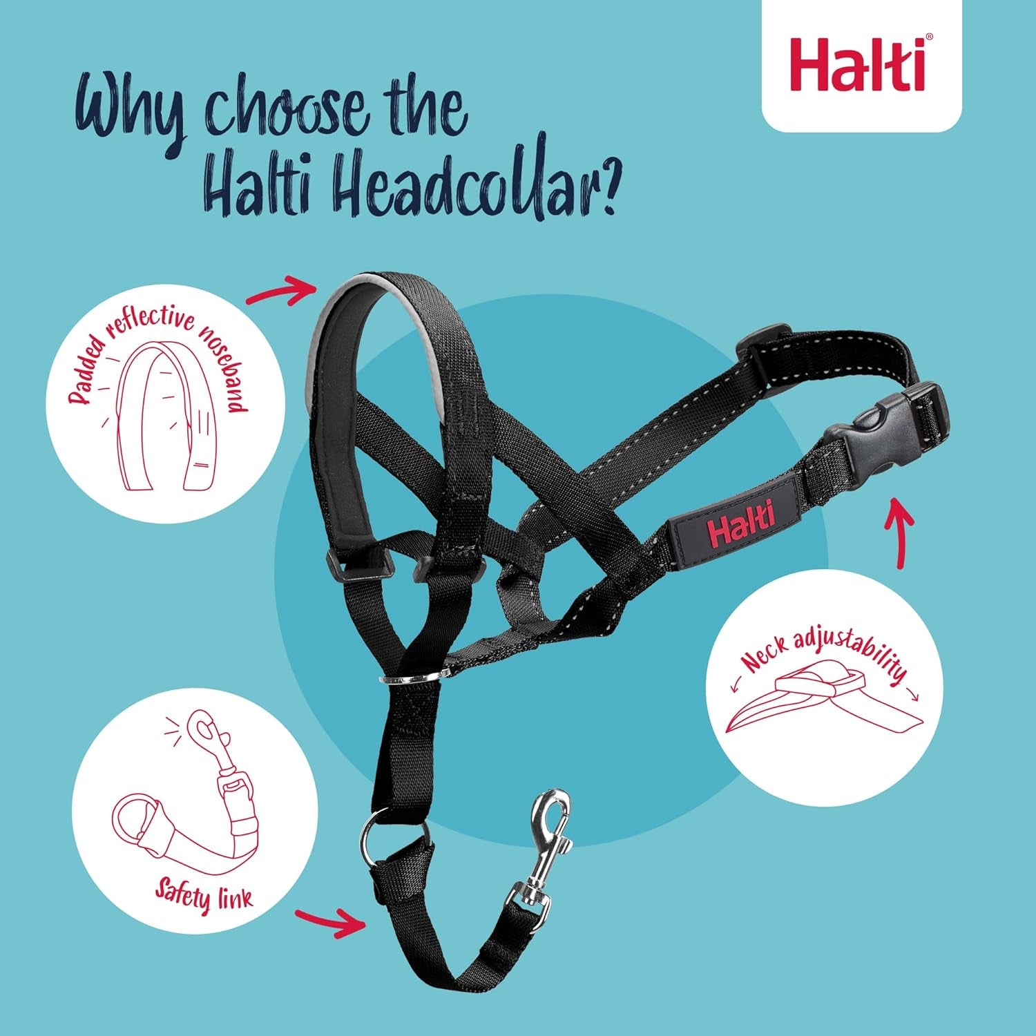 Headcollar - Stop Your Dog Pulling on the Lead. Adjustable, Reflective and Lightweight, with Padded Nose Band. Dog Training Anti-Pull Collar for Medium Dogs (Size 3, Black)