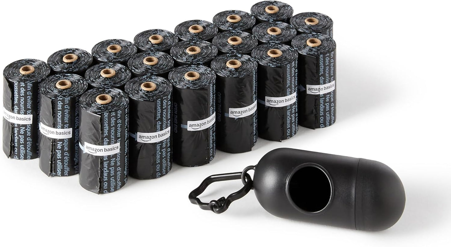 Unscented Standard Dog Poop Bags with Dispenser and Leash Clip, 33.02 X 22.86 CM, Black - 20 Rolls (300 Bags)