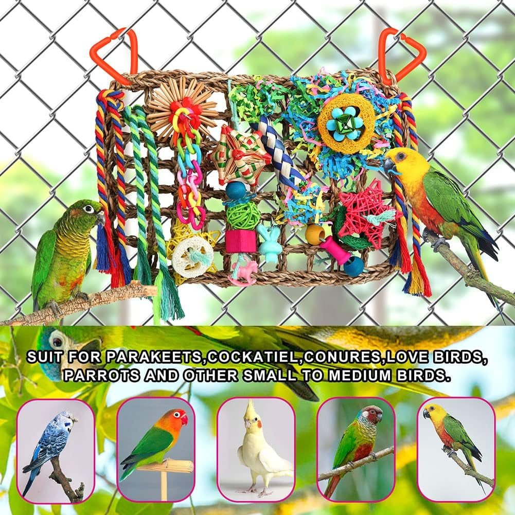 Cockatiel Foraging Wall with Colorful Toys for Birds Shredding Seagrass