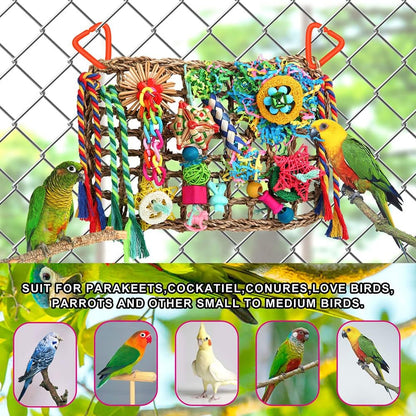 Cockatiel Foraging Wall with Colorful Toys for Birds Shredding Seagrass