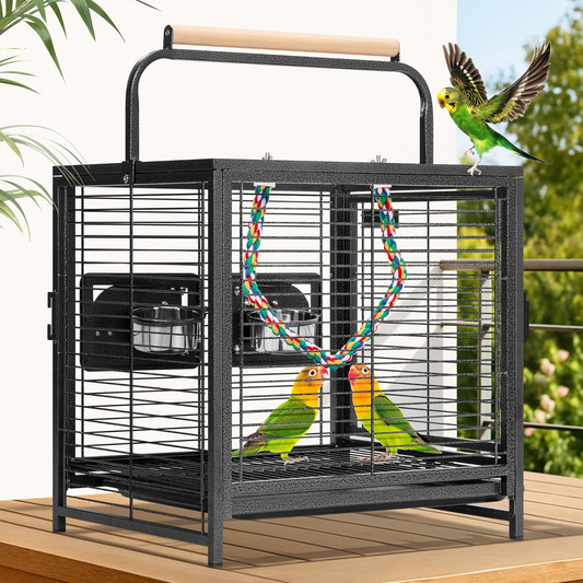 Bird Cage: 48cm Wrought Iron with Carry Handle, Bird Transport Cage with Wooden Perch for Parrots, Conures, Lovebirds, Cockatiel, Parakeets