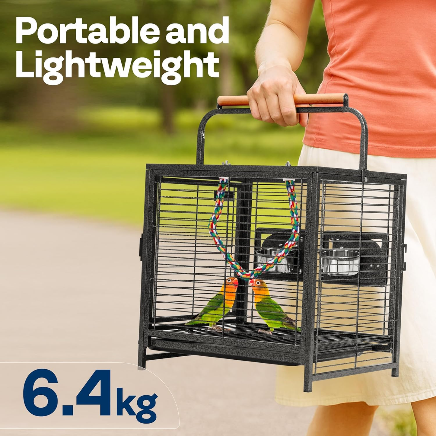 Bird Cage: 48cm Wrought Iron with Carry Handle, Bird Transport Cage with Wooden Perch for Parrots, Conures, Lovebirds, Cockatiel, Parakeets
