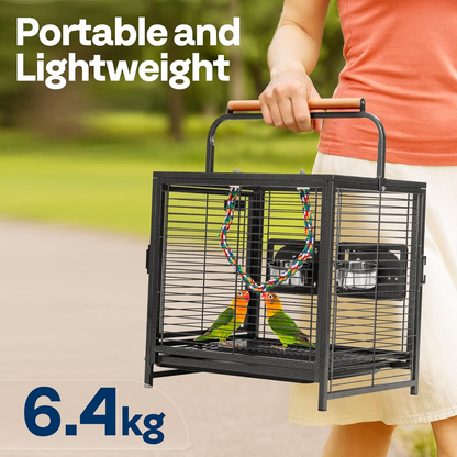 Bird Cage: 48cm Wrought Iron with Carry Handle, Bird Transport Cage with Wooden Perch for Parrots, Conures, Lovebirds, Cockatiel, Parakeets