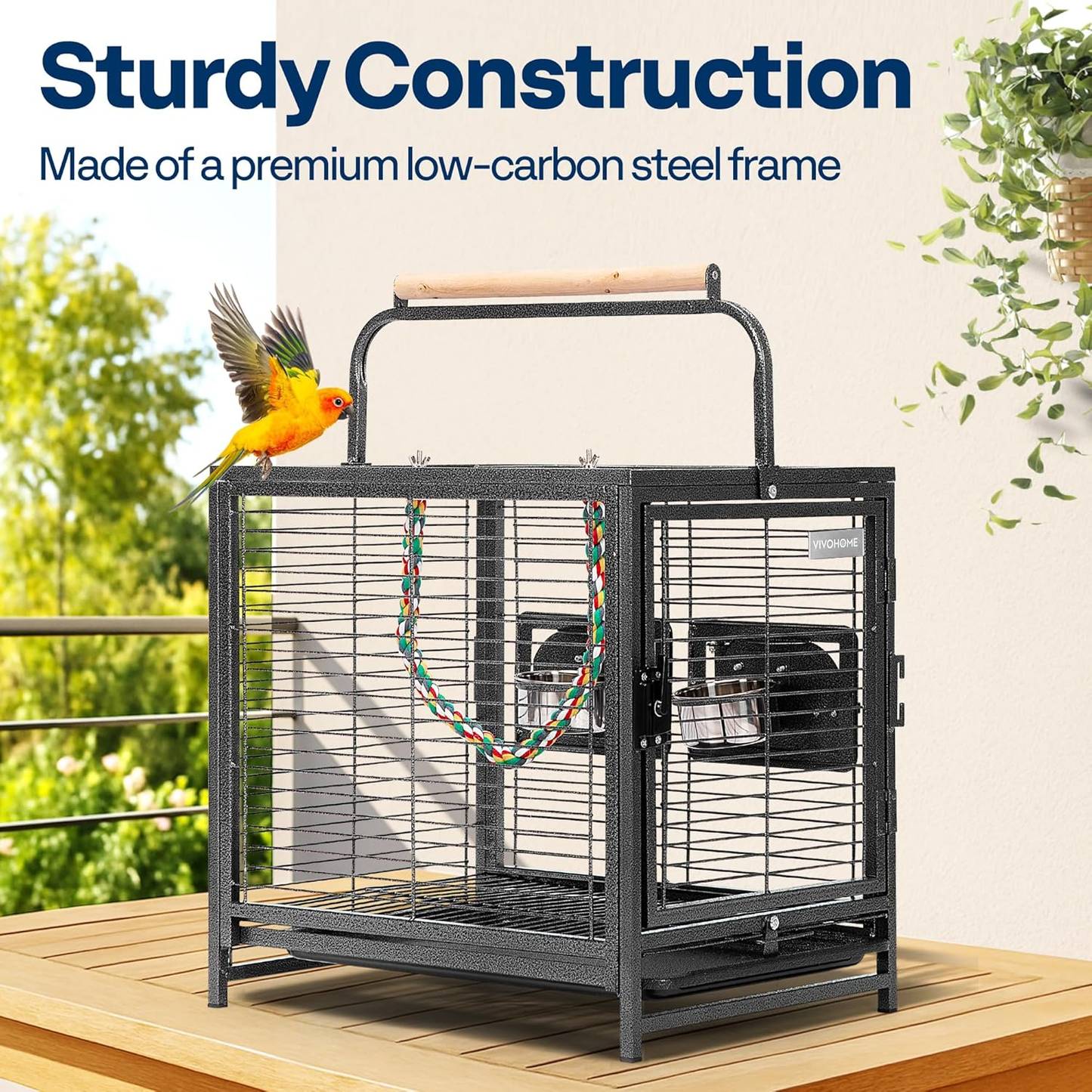 Bird Cage: 48cm Wrought Iron with Carry Handle, Bird Transport Cage with Wooden Perch for Parrots, Conures, Lovebirds, Cockatiel, Parakeets