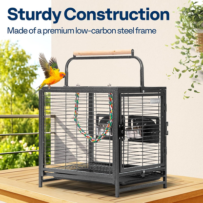 Bird Cage: 48cm Wrought Iron with Carry Handle, Bird Transport Cage with Wooden Perch for Parrots, Conures, Lovebirds, Cockatiel, Parakeets