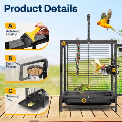 Bird Cage: 48cm Wrought Iron with Carry Handle, Bird Transport Cage with Wooden Perch for Parrots, Conures, Lovebirds, Cockatiel, Parakeets