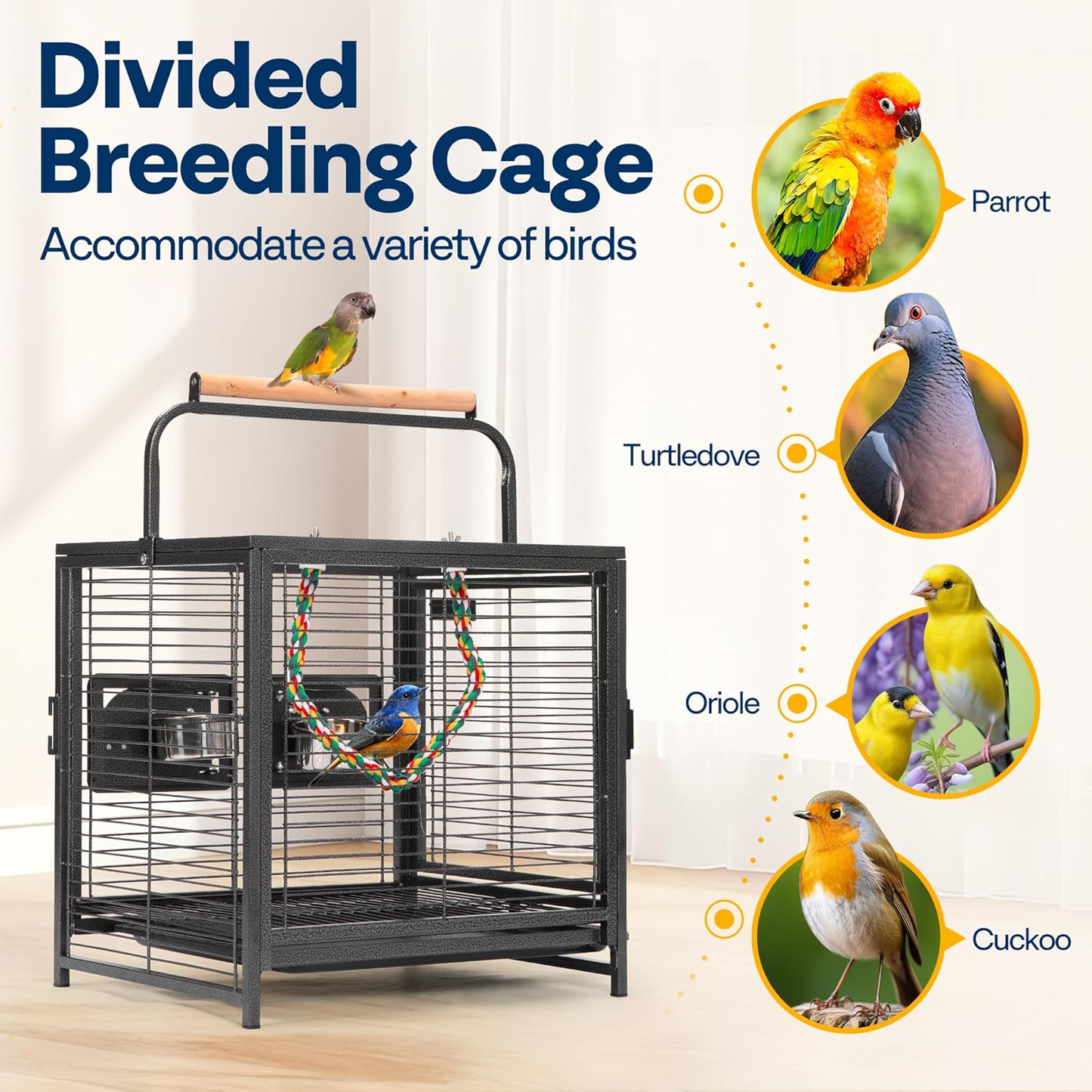 Bird Cage: 48cm Wrought Iron with Carry Handle, Bird Transport Cage with Wooden Perch for Parrots, Conures, Lovebirds, Cockatiel, Parakeets