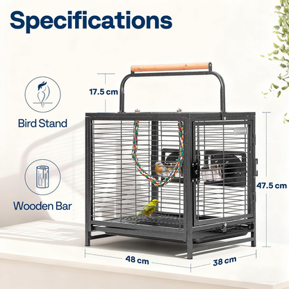 Bird Cage: 48cm Wrought Iron with Carry Handle, Bird Transport Cage with Wooden Perch for Parrots, Conures, Lovebirds, Cockatiel, Parakeets