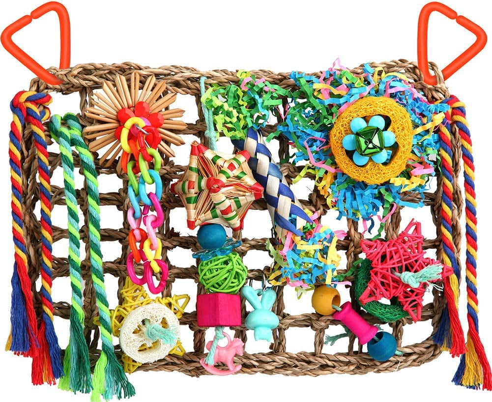 Cockatiel Foraging Wall with Colorful Toys for Birds Shredding Seagrass