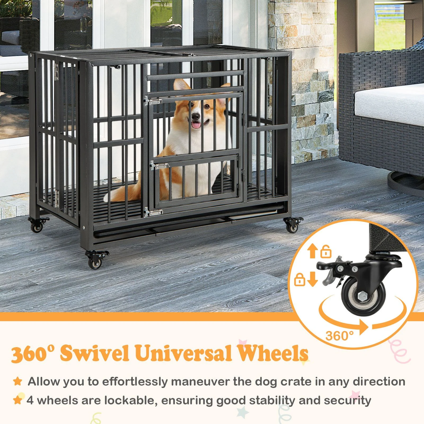 Dog Cage: Foldable Metal Dog Cage, Chew-Proof, Dog Crate with Lockable Universal Wheels for Small/Medium Sized Dogs L94 x W58 x H77 cm