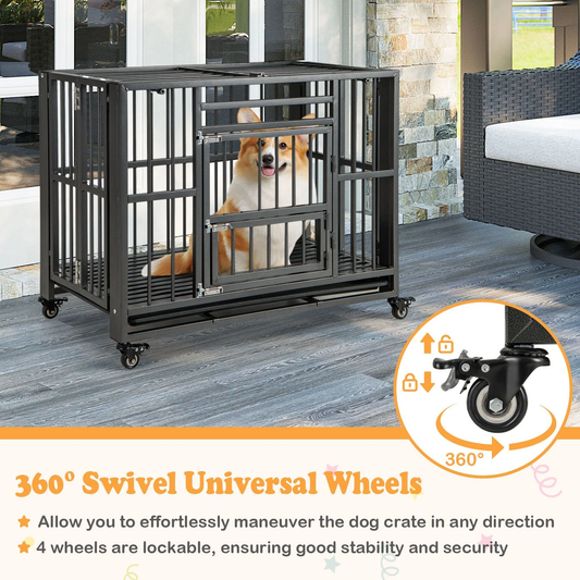 Dog Cage: Foldable Metal Dog Cage, Chew-Proof, Dog Crate with Lockable Universal Wheels for Small/Medium Sized Dogs L94 x W58 x H77 cm