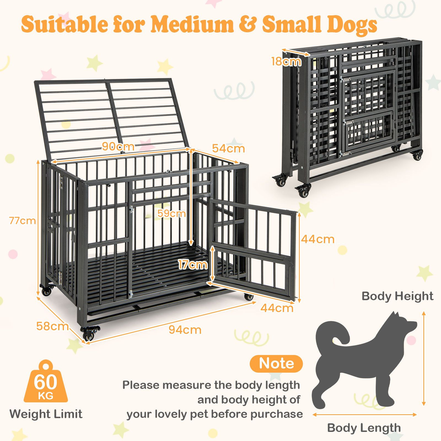 Dog Cage: Foldable Metal Dog Cage, Chew-Proof, Dog Crate with Lockable Universal Wheels for Small/Medium Sized Dogs L94 x W58 x H77 cm