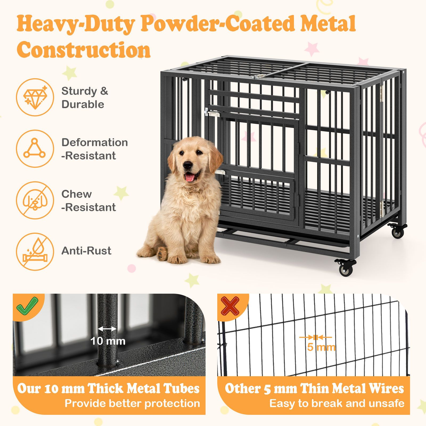 Dog Cage: Foldable Metal Dog Cage, Chew-Proof, Dog Crate with Lockable Universal Wheels for Small/Medium Sized Dogs L94 x W58 x H77 cm