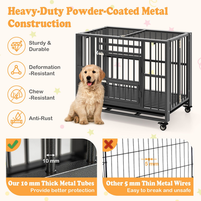 Dog Cage: Foldable Metal Dog Cage, Chew-Proof, Dog Crate with Lockable Universal Wheels for Small/Medium Sized Dogs L94 x W58 x H77 cm