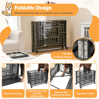 Dog Cage: Foldable Metal Dog Cage, Chew-Proof, Dog Crate with Lockable Universal Wheels for Small/Medium Sized Dogs L94 x W58 x H77 cm