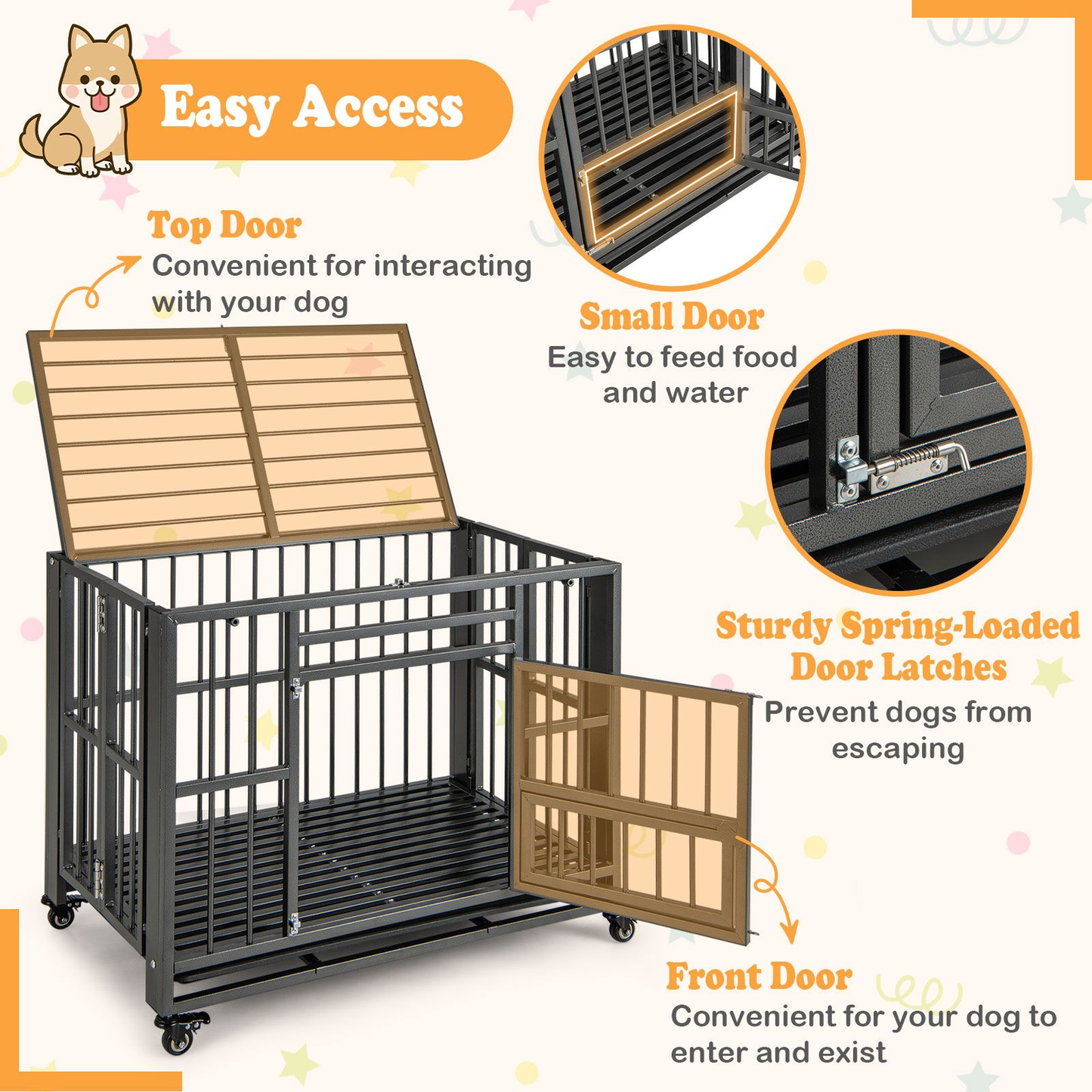 Dog Cage: Foldable Metal Dog Cage, Chew-Proof, Dog Crate with Lockable Universal Wheels for Small/Medium Sized Dogs L94 x W58 x H77 cm