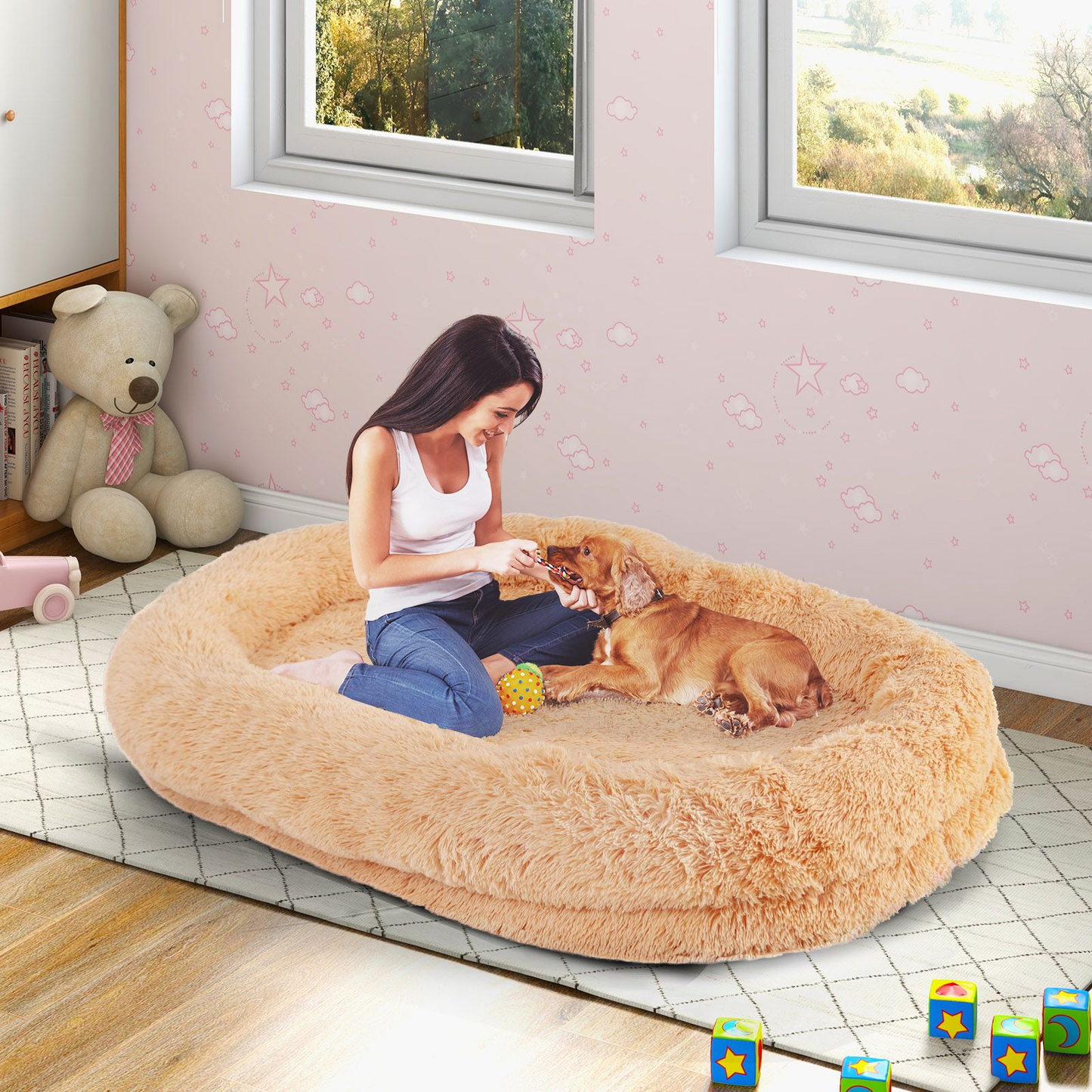 Dog Bed: Human Sized Dog Bed (L171 x W115 x H25 cm) with Soft Blanket (L180 x W123 cm) and Plump Pillow (L59 x W40 x H17 cm)