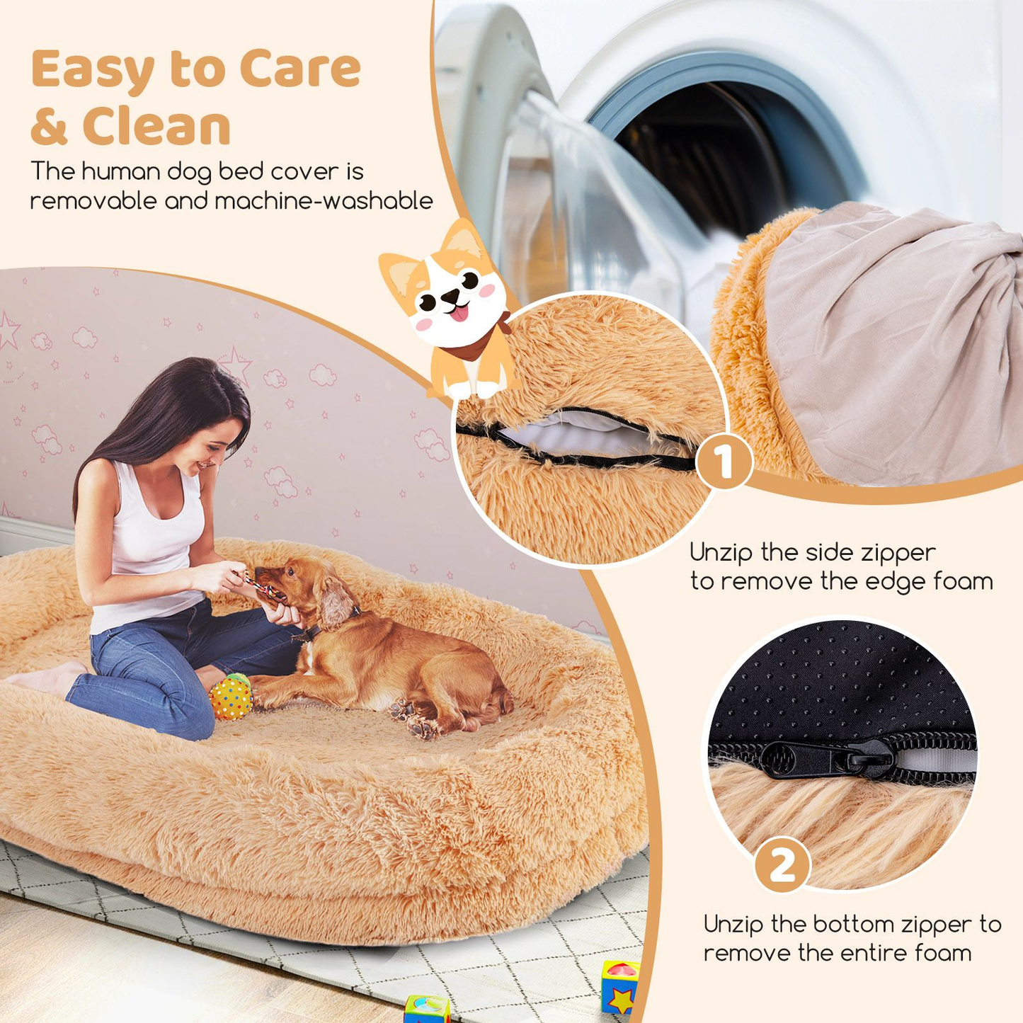 Dog Bed: Human Sized Dog Bed (L171 x W115 x H25 cm) with Soft Blanket (L180 x W123 cm) and Plump Pillow (L59 x W40 x H17 cm)
