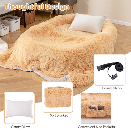 Dog Bed: Human Sized Dog Bed (L171 x W115 x H25 cm) with Soft Blanket (L180 x W123 cm) and Plump Pillow (L59 x W40 x H17 cm)