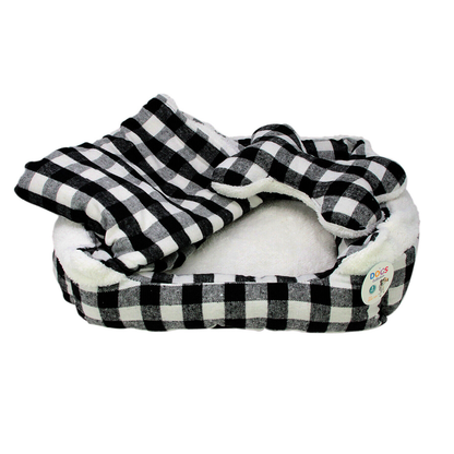 Dog Bed: Checked Style Dog/Puppy Bed, Soft Warm Cushion (L50 x W40 cm) with Blanket (L100 x W70 cm) and Toy (L25 x W18.5 cm) Size Medium