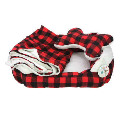 Dog Bed: Checked Style Dog/Puppy Bed, Soft Warm Cushion (L50 x W40 cm) with Blanket (L100 x W70 cm) and Toy (L25 x W18.5 cm) Size Medium