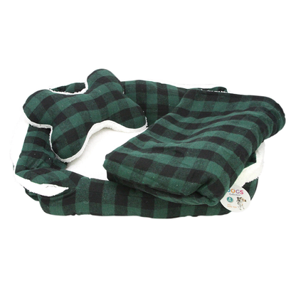 Dog Bed: Checked Style Dog/Puppy Bed, Soft Warm Cushion (L50 x W40 cm) with Blanket (L100 x W70 cm) and Toy (L25 x W18.5 cm) Size Medium
