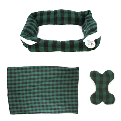 Dog Bed: Checked Style Dog/Puppy Bed, Soft Warm Cushion (L50 x W40 cm) with Blanket (L100 x W70 cm) and Toy (L25 x W18.5 cm) Size Medium
