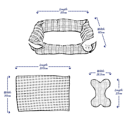 Dog Bed: Checked Style Dog/Puppy Bed, Soft Warm Cushion (L50 x W40 cm) with Blanket (L100 x W70 cm) and Toy (L25 x W18.5 cm) Size Medium