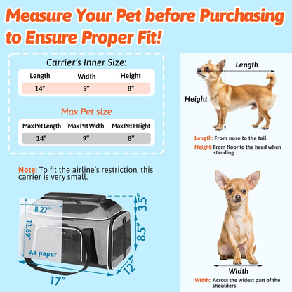 Pet Carrier: Top-Expandable Carrier, Airline Approved, 17 x 12 x 8.5 Inch Soft Silk Carrier for Small Cats and Dogs with Locking Safety Zippers and Anti-Scratch