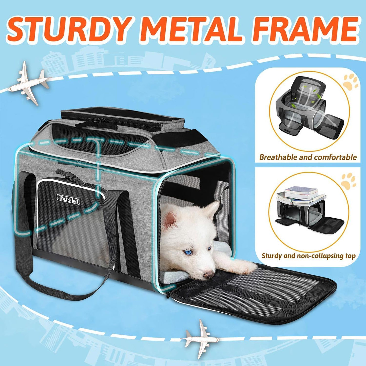 Pet Carrier: Top-Expandable Carrier, Airline Approved, 17 x 12 x 8.5 Inch Soft Silk Carrier for Small Cats and Dogs with Locking Safety Zippers and Anti-Scratch