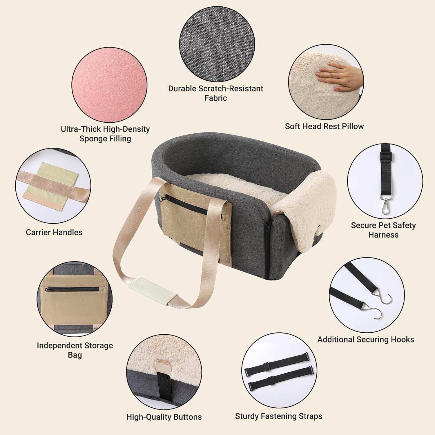 Dog Car Booster Seat - Cat Carrier with Safety Tethers for Dogs & Cats, Easy Carrying Strap, Travel Bags