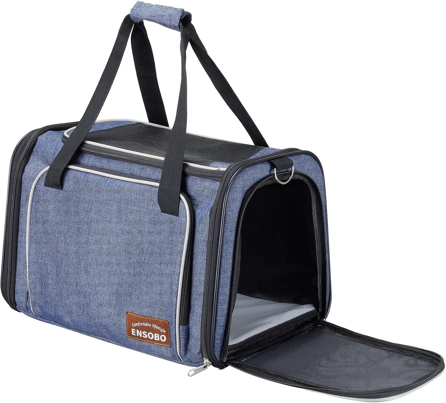 Cat Carrier Bag in Denim Fabric,  Pet Transport Bag for Cats and Small Dogs, TSA Approved Pet Travel Carrier with Two Bigger Side Bags, Shoulder Strap for Carrying, Denim Blue