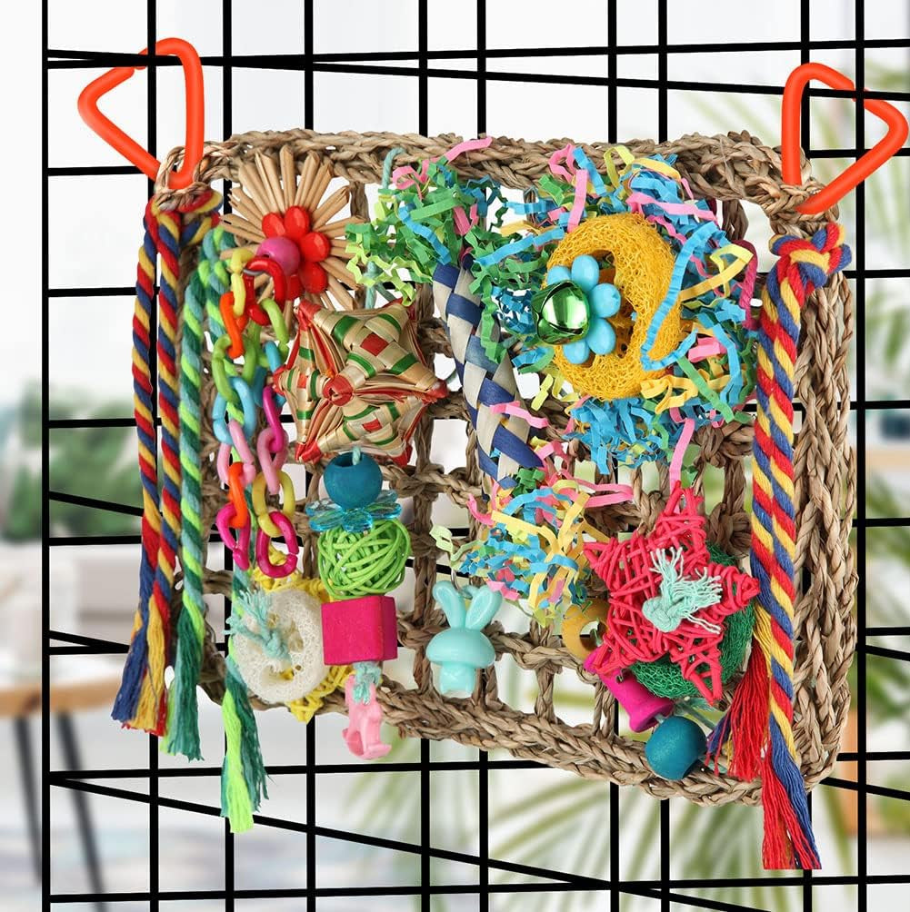 Cockatiel Foraging Wall with Colorful Toys for Birds Shredding Seagrass