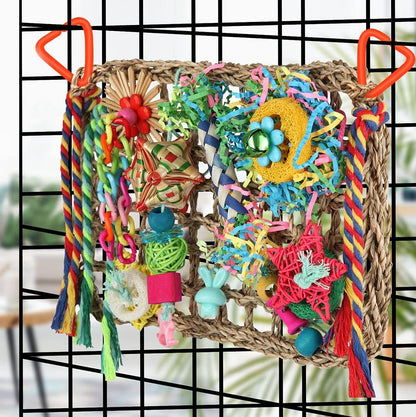 Cockatiel Foraging Wall with Colorful Toys for Birds Shredding Seagrass